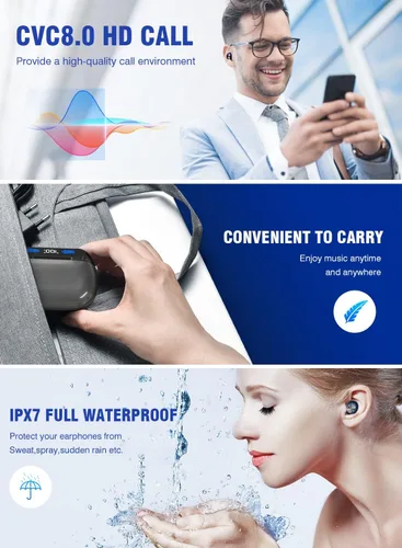Vista 4 de Auriculares Bluetooth inalámbricos de reproducción de 200 horas, IPX7 impermeables, con cancelación de ruido, pantalla LED de alimentación
