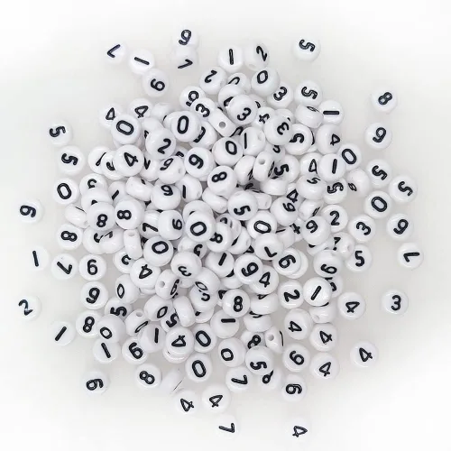 Vista 4 de Más de 200 piezas de cuentas redondas de acrílico blancas con números de 4x7mm (0.157 x 0.276 pulgadas), 0-9, cuentas de plástico de formas mixtas