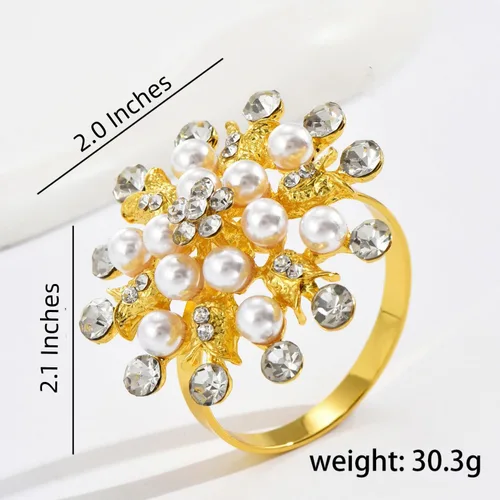 Vista 3 de Juego de 12 servilleteros dorados con perlas de diamantes de imitación dorados para cumpleaños y fiesta de boda, reunión diaria, vacaciones