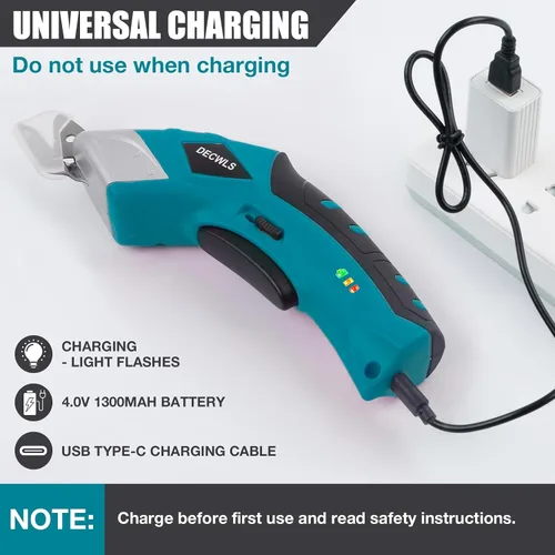 Vista 6 de Tijeras eléctricas inalámbricas para tela con 3 cuchillas, tijeras potentes recargables de 4 V con bloqueo de seguridad adecuadas, herramienta