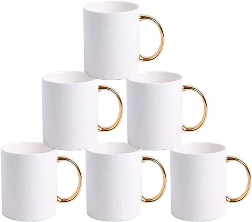 Vista 2 de MR.R Grado AAA Sublimación Blanks 6 juegos de tazas de café de cerámica blanca para lavavajillas con mango dorado 11oz taza clásica de cerámica