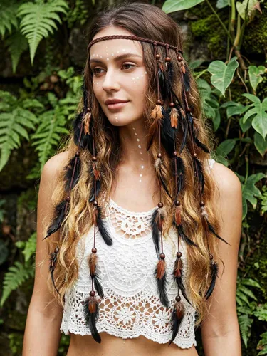 Vista 3 de CAKURE Diadema de plumas bohemia, tocado hippie negro, tocado indio, accesorios para el cabello de plumas para mujeres y niñas (tipo A)