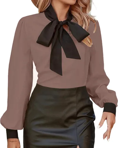 Vista 26 de Avanova - Camisas de manga larga abullonada con cuello de lazo para mujer, blusas casuales de trabajo