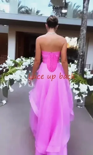 Vista 4 de Vestidos de fiesta sin tirantes largos con cordones en la espalda vestido de tul mujeres formal A-Line tubo volante DR0181