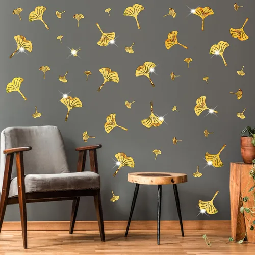 Vista 12 de Calcomanías de pared de hojas doradas, calcomanías de pared de hojas verdes, calcomanías de pared modernas para dormitorio, sala de estar, Oro