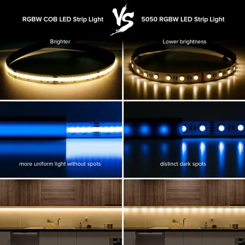 Vista 2 de SEZO RGBW COB LED Tira de luces RGB+blanco cálido 3000K 16.4FT/5M DC12V 896LEDs/m 0.472 in ancho FCOB RGBWW Flexible de alta densidad Uniforme Cinta