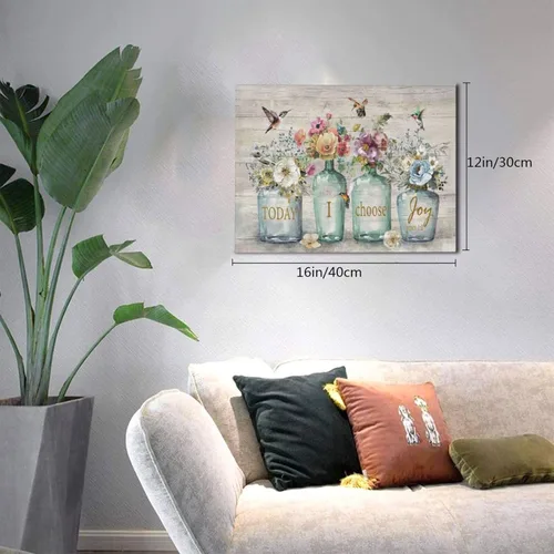 Vista 3 de Shuweienphant Arte de Pared de Baño Estilo Granja Flores Colibrí Cuadros Florales Decoración Citas Inspiracionales Frasco Mason Lienzo Pintura
