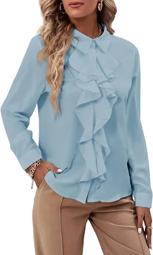 Vista 27 de LYANER - Blusa de manga larga con cuello de botón y volantes en la parte delantera para mujer