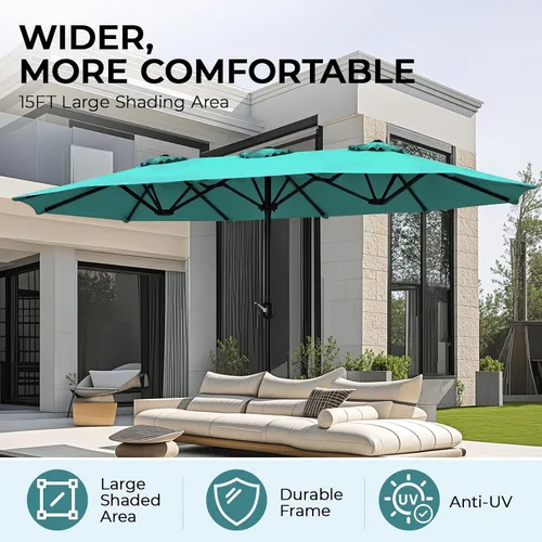 Vista 3 de Sombrilla de doble cara para patio de 15 x 9 pies con base y manivela, sombrilla rectangular extragrande para patio, césped y jardín, beige