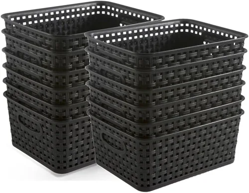 Vista 13 de Cestas de almacenamiento tejidas de plástico negro, paquete de 6 cestas de tejido organizador para cocina, oficina, baño