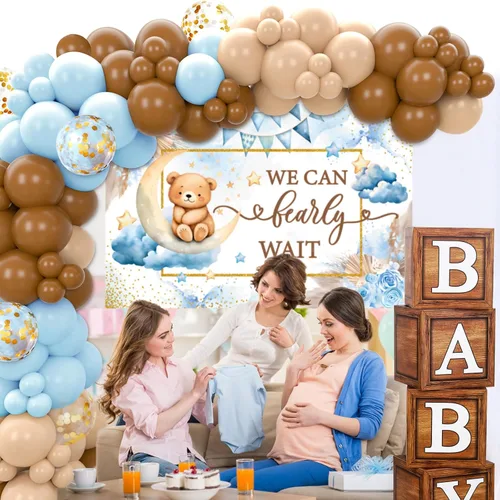 Vista 2 de DataMoon Decoraciones de Baby Shower "We Can Bearly Wait" - Cajas para bebé con letras, Globos Boho, Telón de fondo "We Can Bearly Wait" para Baby