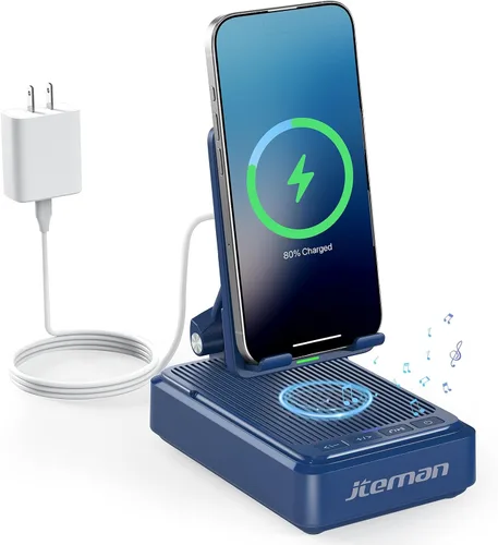 Vista 11 de Jteman Soporte para teléfono celular con altavoz Bluetooth y cargador inalámbrico, soporte de estación de carga de escritorio con altavoz