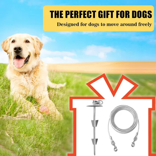 Vista 7 de Estaca de amarre para perro resistente con cable de perro de 10 pies para perros grandes de hasta 150 libras, estaca espiral para perro