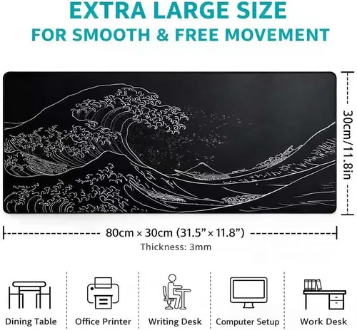 Vista 2 de Alfombrilla de mouse extendida con diseño de anime japonés de olas marinas, alfombrilla de escritorio grande de 31.5 x 11.8 pulgadas con base