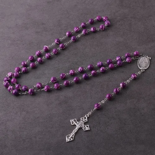 Vista 4 de Luomu Cuentas de vidrio de 0.315in con hermoso patrón impreso, cadena católica rosario, collar con medalla milagrosa de Virgen María y crucifijo, No