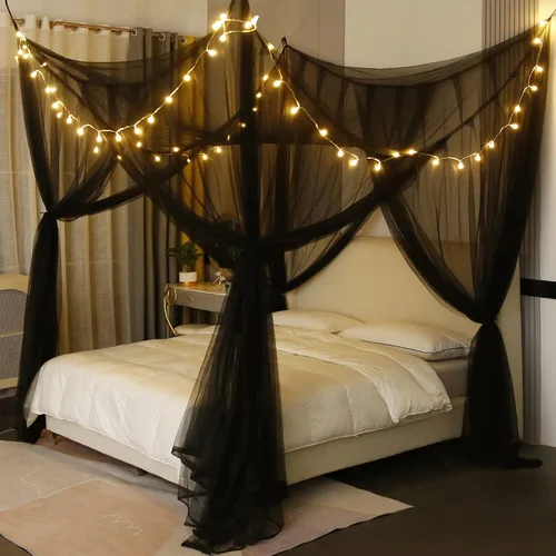 Vista 14 de Mengersi Cortinas de cama con dosel de 4 postes, mosquitero para cama tamaño Twin a Twin XL, cortinas de red para cama para camping, patio, red Negro