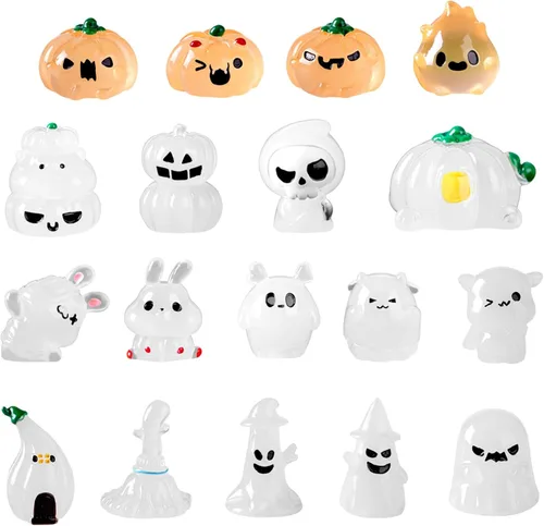 Vista 7 de Decoraciones de Halloween en miniatura, 18 piezas de accesorios de pueblo miniatura, calabaza, momia, conejo, fantasma, resina, que brilla