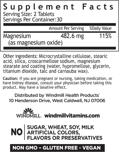 Vista 2 de Windmill Vitaminas naturales óxido de magnesio 400 mg, apoyo inmunológico, apoya la recuperación muscular, apoya la salud del corazón, 60
