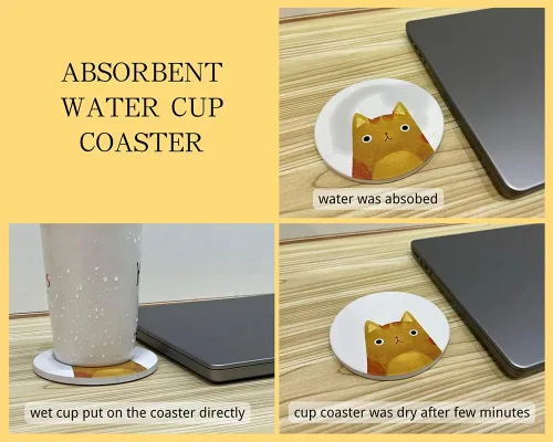Vista 3 de Juego de 6 posavasos redondos absorbentes de piedra de cerámica lindos para bebidas de gato para tazas y tazas, mesa de café, escritorio de oficina