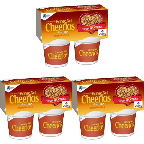 Vista 9 de Copas de cereales para desayuno Honey Nut Cheerios, cereal sin gluten, porciones individuales, 4 paquetes de 7.2 onzas