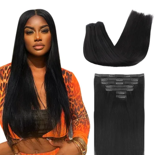 Vista 35 de Lashey Extensiones de cabello humano con clip, sin costuras, #1, color negro azabache, extensiones de cabello humano real, extensiones de cabello