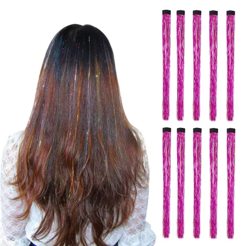 Vista 11 de 10 unids/set de extensiones de pelo de oropel con clip, multicolores con purpurina, mechones de pelo de hadas para mujeres bronce