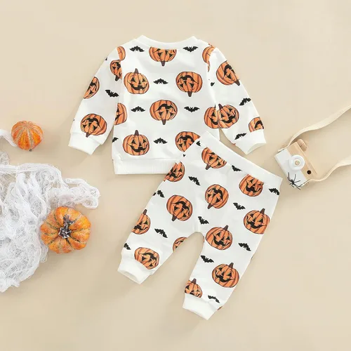 Vista 5 de Kayotuas Conjunto de camisa y pantalones de manga larga con cuello redondo para bebé, disfraz de calabaza, fantasma, calabaza, fantasma, camiseta