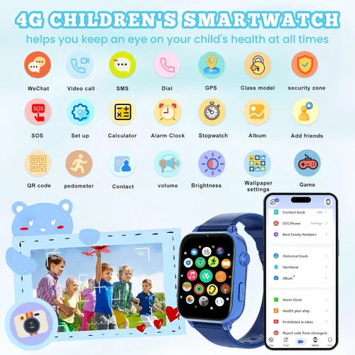 Vista 2 de Reloj inteligente 4G para niños y niñas, reloj inteligente para niños de 4 a 12 años con llamadas, GPS, SOS, videollamada, juegos, cámara, alarma