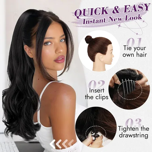 Vista 5 de BARSDAR Extensión de cola de caballo con cordón ondulado negro y marrón – 20 pulgadas con clip de cordón para mujer, extensiones de cabello Negro