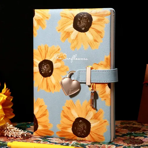 Vista 5 de Diario infantil de cuero sintético con candado y llave, agenda de viaje, agenda, cuaderno secreto de notas para mujer, 5.3 x 8.4 pulgadas, girasol
