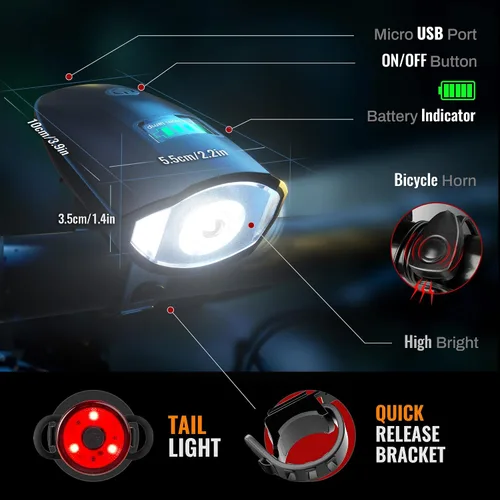 Vista 10 de Juego de luces de bicicleta con bocina 1400LM USB recargable faro de bicicleta y luz trasera y bocina impermeable 3 modos de iluminación se adapta a