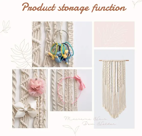 Vista 4 de Mkono Organizador de lazos de macramé para niñas, colgante para lazos de pelo, organizador de lazos Boho para pared, soporte para diademas