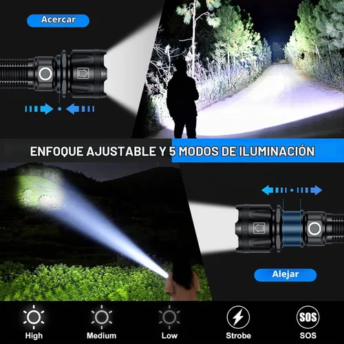 Vista 2 de Linternas de alto lúmenes, 1800.000 lúmenes, linterna recargable súper brillante con 5 modos de luz, zoomable, IP67 impermeable, linterna LED