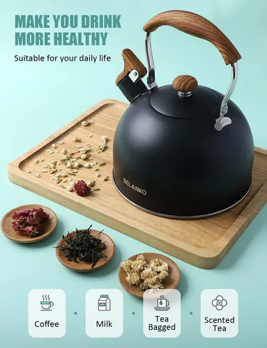 Vista 2 de Hervidor de Té, BELANKO 85 OZ / 2.5 Litros Hervidor de Té Silbante, Teteras para Estufa de Acero Inoxidable Grado Alimentario con Mango Plegable