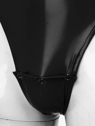 Vista 5 de TiaoBug Men's Maid Cosplay Costume Wet Look Patent Leather Lace Trim Leotard Sissy Crossdress Lingerie