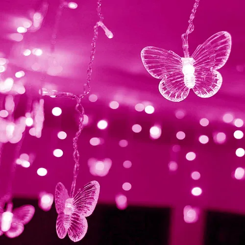 Vista 4 de Lainin - Tira de luces alimentadas por USB de 13 pies, 96 luces LED, 18 cuerdas de mariposas, tira de luces de hadas de 8 modos para fiestas Rosa