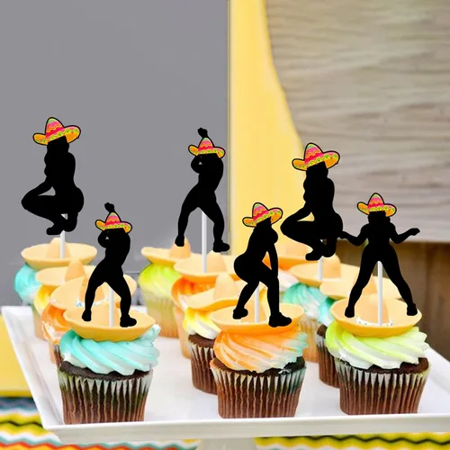 Vista 2 de Cheereveal 24 piezas de adornos para cupcakes de fiesta Twerk para niñas y mujeres, palillos de sombrero, fiesta mexicana, temática divertida