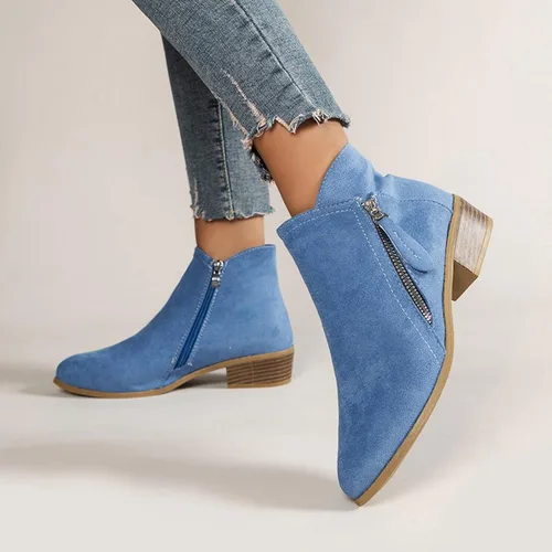 Vista 4 de Botas para mujer, botines de tobillo 2022, a la moda, de otoño, con cremallera lateral, punta puntiaguda, bloque grueso, tacón medio, liso, casual