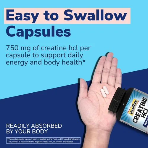 Vista 5 de Vitalibre Cápsula de creatina HCl, 750 mg de clorhidrato de creatina de alta absorción, resistencia, fuerza, absorción rápida, sin carga, sin