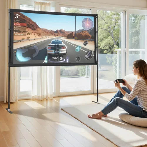 Vista 8 de VEVOR Pantalla de proyector con soporte, pantalla de proyección gran angular de 80 pulgadas y 160° para interiores y exteriores, 16:9 4K HD sin
