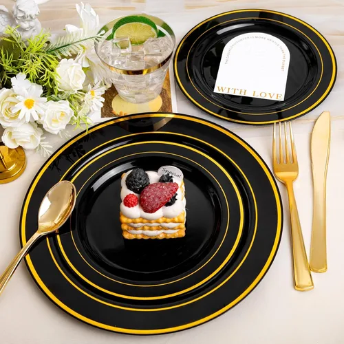 Vista 5 de bUCLA Juego de vajilla desechable de 600 piezas, color negro y dorado, platos de plástico negro desechables para fiestas, incluye 100 platos