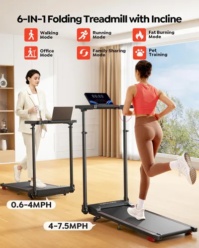 Vista 5 de TOPUTURE Caminadora con barra de mango ajustable e inclinación, cintas de correr plegables para oficina en casa, almohadilla portátil