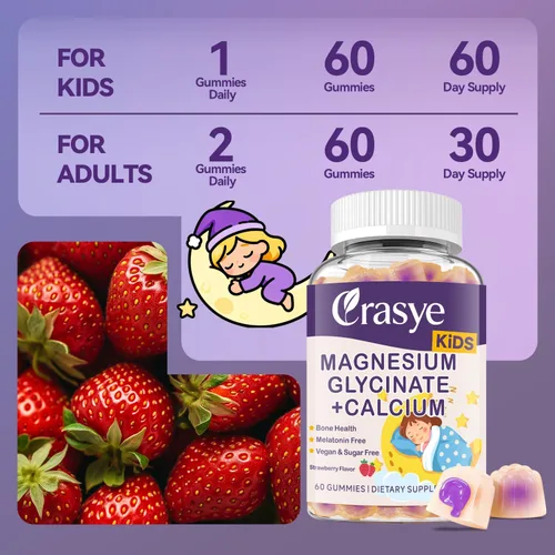 Vista 7 de Glicinato de magnesio + calcio para niños, sin azúcar, gomitas de magnesio para dormir, sin melatonina, suplemento de magnesio para niños, Zzz &