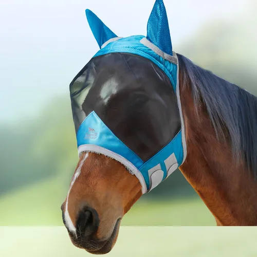 Vista 12 de Harrison Howard Máscara de mosca de caballo luminosa profesional estándar con orejas protección UV para caballo, azul y plateado, pequeño poni