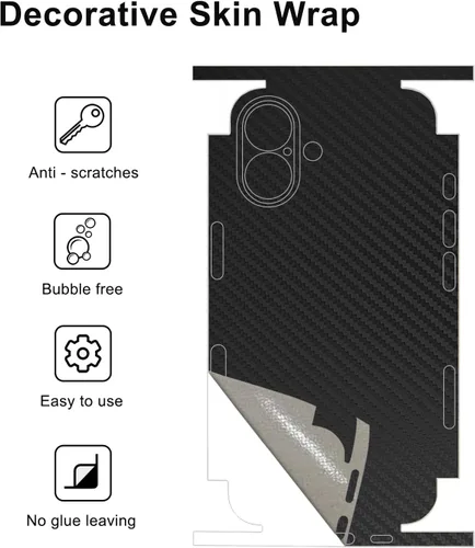 Vista 2 de Envoltura de piel de fibra de carbono negra compatible con iPhone (16) Cubierta protectora de la etiqueta de la película, calcomanía de vinilo