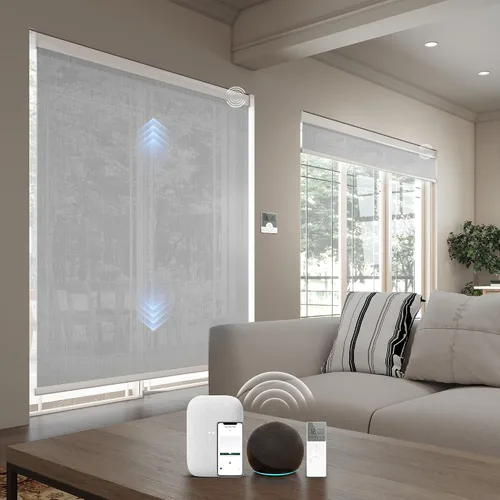Vista 18 de Persianas inteligentes personalizadas de 110 pulgadas de ancho para ventanas grandes, persianas enrollables motorizadas 100% opacas compatibles