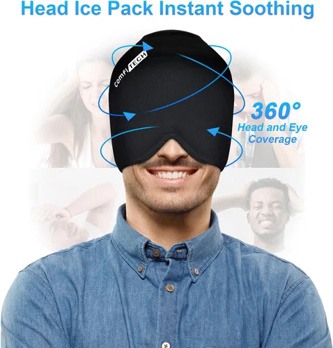 Vista 5 de ComfiTECH Head Ice Pack Wrap con cobertura superior, gorro de gel refrigerante, mediano, color negro
