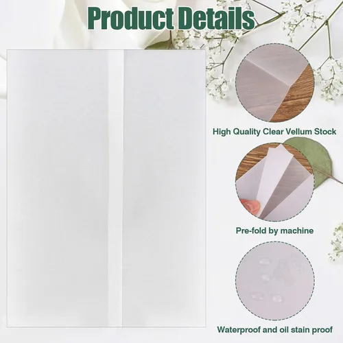 Vista 3 de 200 chaquetas de vellum preplegadas para invitaciones de boda translúcidas de 5 x 7 pulgadas, papel de calco, invitación de papel de vitela plegado