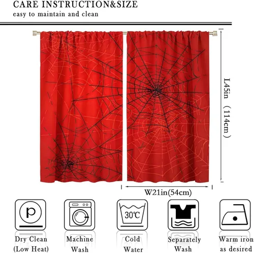 Vista 2 de Cortinas opacas de tela de araña aterradora para niños, tela de araña en blanco y negro, fondo rojo, dormitorio de niños, guardería, decoración