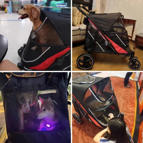 Vista 2 de Cochecito grande para perros, cochecitos para mascotas de 4 ruedas para perros medianos o 2 perros, plegable con un solo clic, malla transpirable